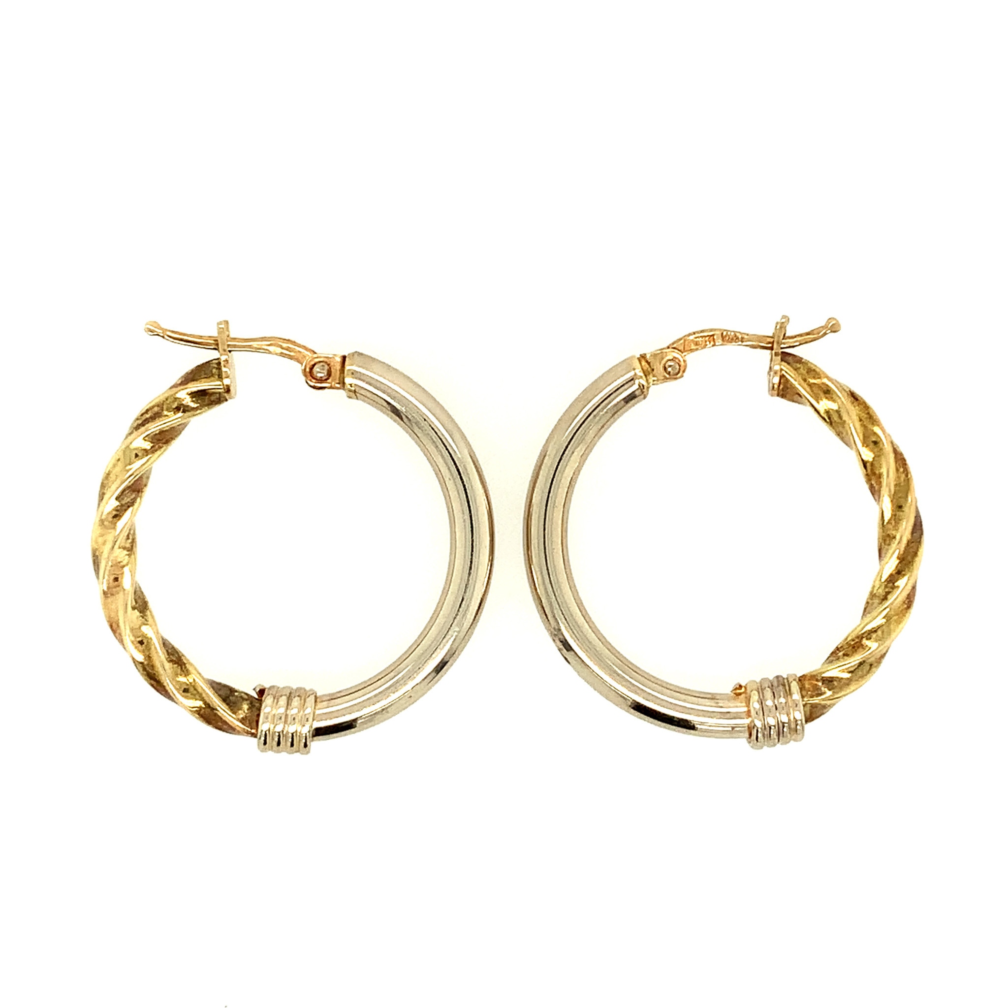 30043 14K 2 TONE HALF PLAIN HALF TWISTED DESIGN HOOPS