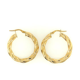 32052 14K YELLOW GOLD TWISTED 1”  HOOPS WITH MATTE EDGES 3MM THICKNESS