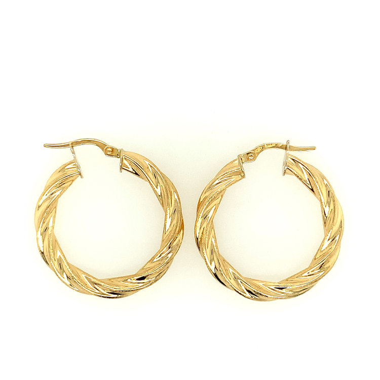 32052 14K YELLOW GOLD TWISTED HOOPS WITH MATTE EDGES 1''
