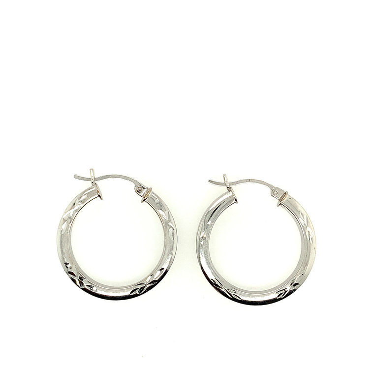 31174 14K WHITE GOLD SQUARED FLOWER DIAMOND CUT DESIGN HOOPS 1''