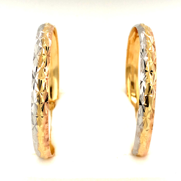 30474 14K TRI COLOR FLAT DIAMOND CUT LARGE HOOPS 1.70''