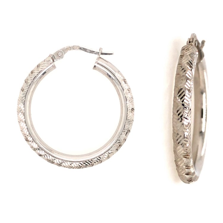 30622 14K WHITE GOLD 1" DIAMOND CUT TEXTURED HOOPS