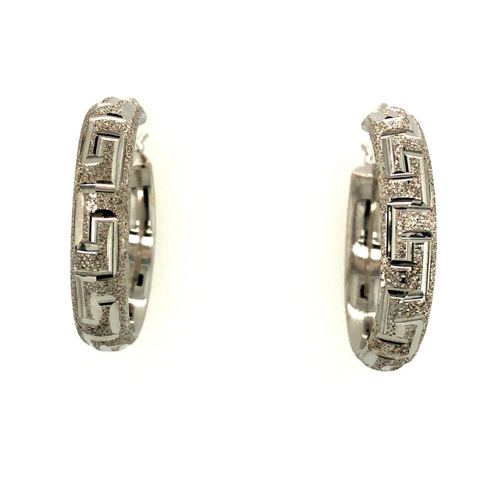 32371 14K WHITE GOLD LASER DIAMOND CUT GREEK DESIGN HOOPS
