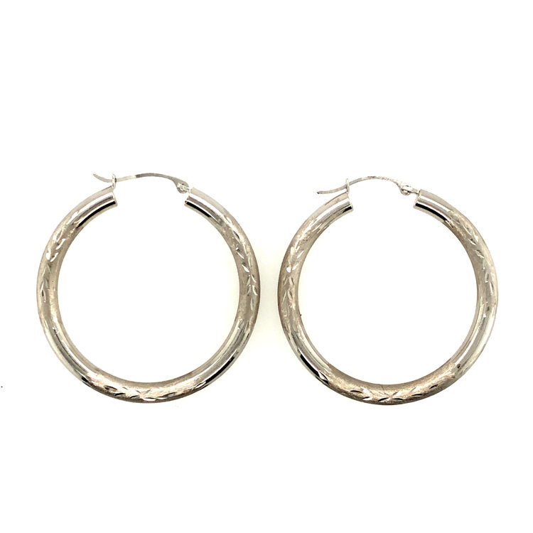 31248 14K WHITE GOLD 1" MATTE DIAMOND CUT HOOPS