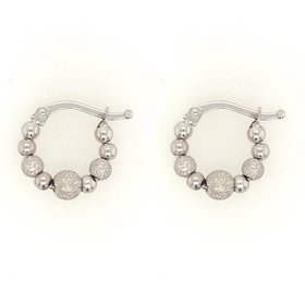 30208 18K WHITE GOLD LASER FINISH AND HIGH POLISH BEAD HOOP HUGGIES 11MM