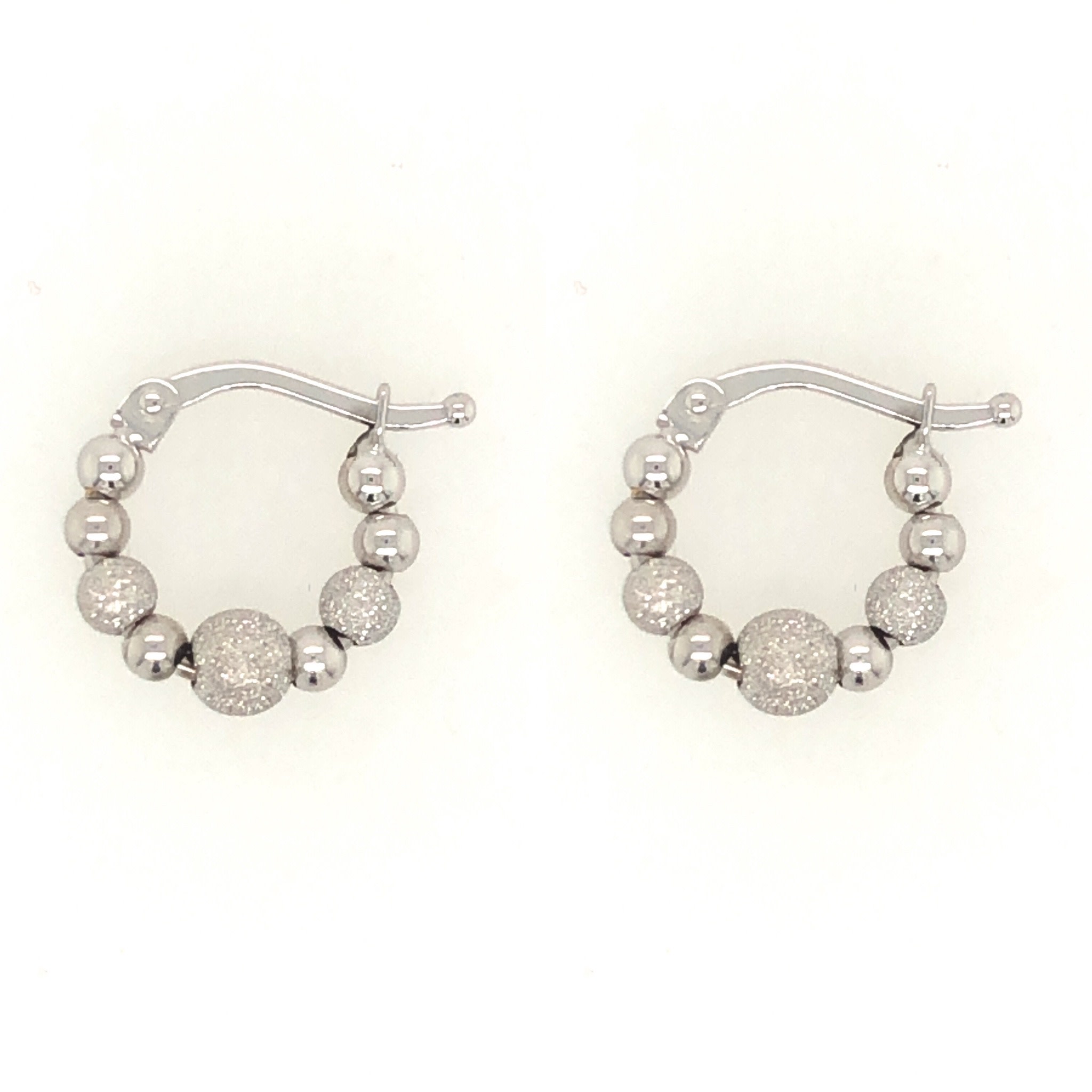 30208 18K WHITE GOLD LASER FINISH AND HIGH POLISH BEAD HOOP HUGGIES 11MM