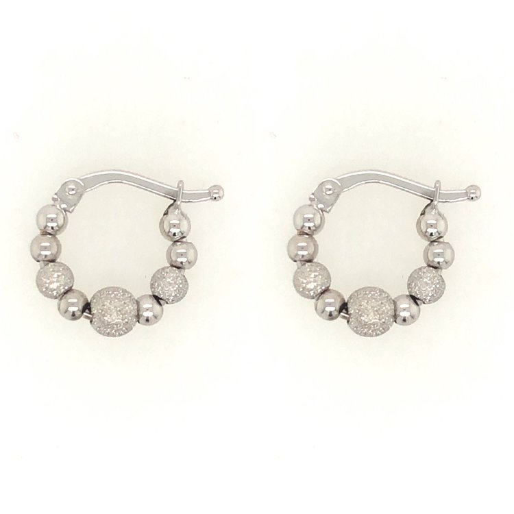 30208 18K WHITE GOLD LASER FINISH AND HIGH POLISH BEAD HOOP HUGGIES 11MM