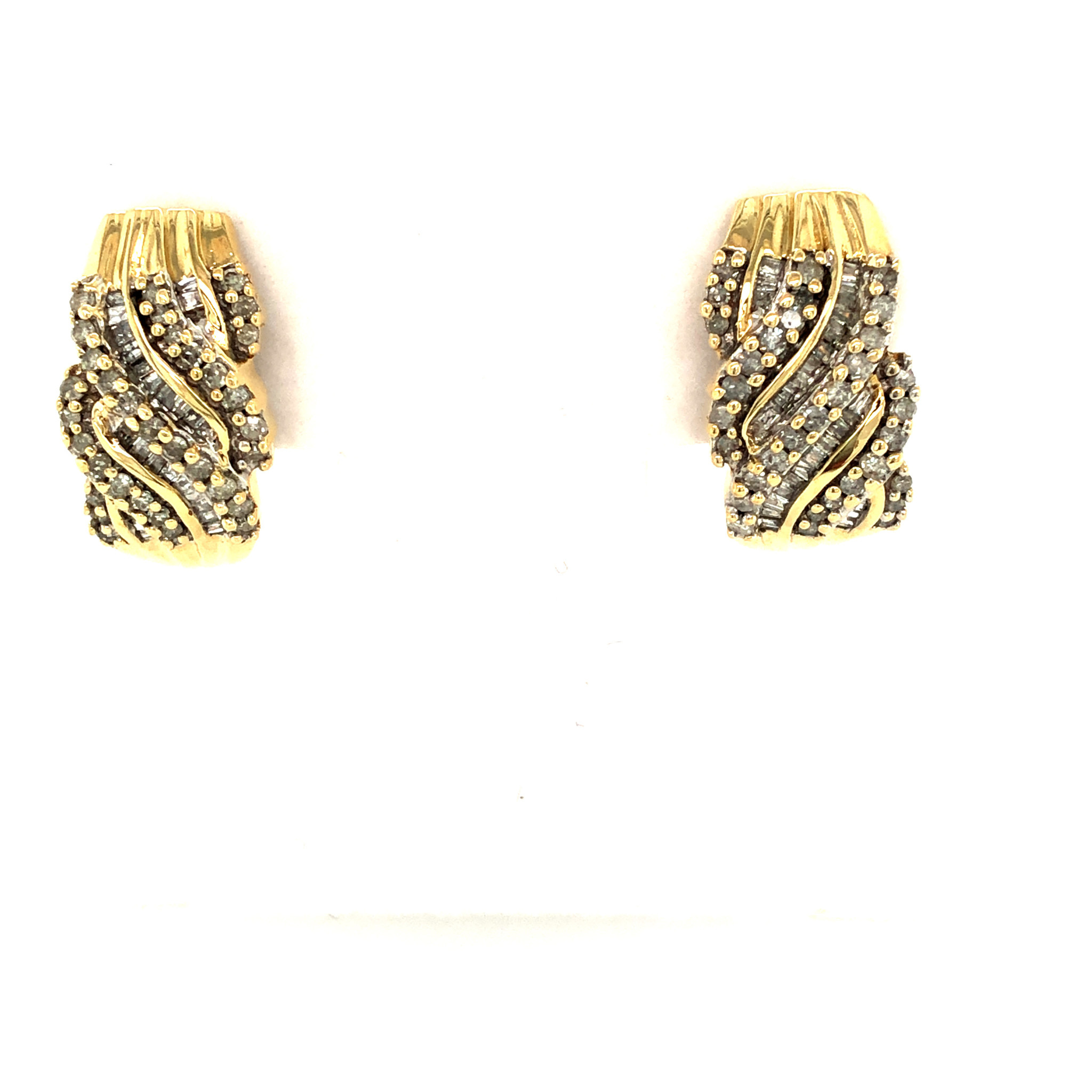 32374 14K YELLOW GOLD ROUND AND BAGUETTE DIA WAVE DESIGN OMEGA BACK EARRINGS