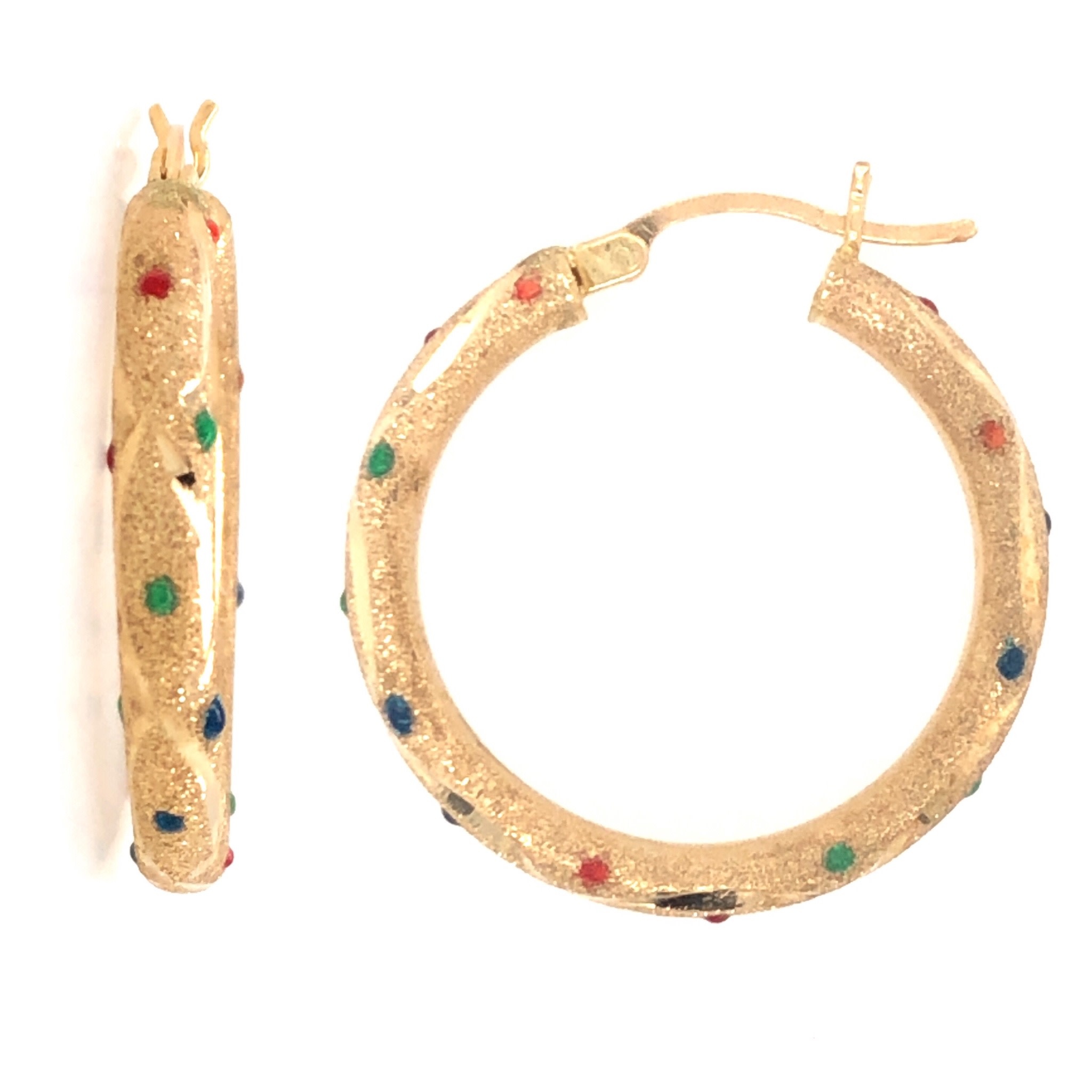 31441 14K YELLOW GOLD MATTE TEXTURED AND COLORFUL ENAMEL DOT DESIGN HOOPS