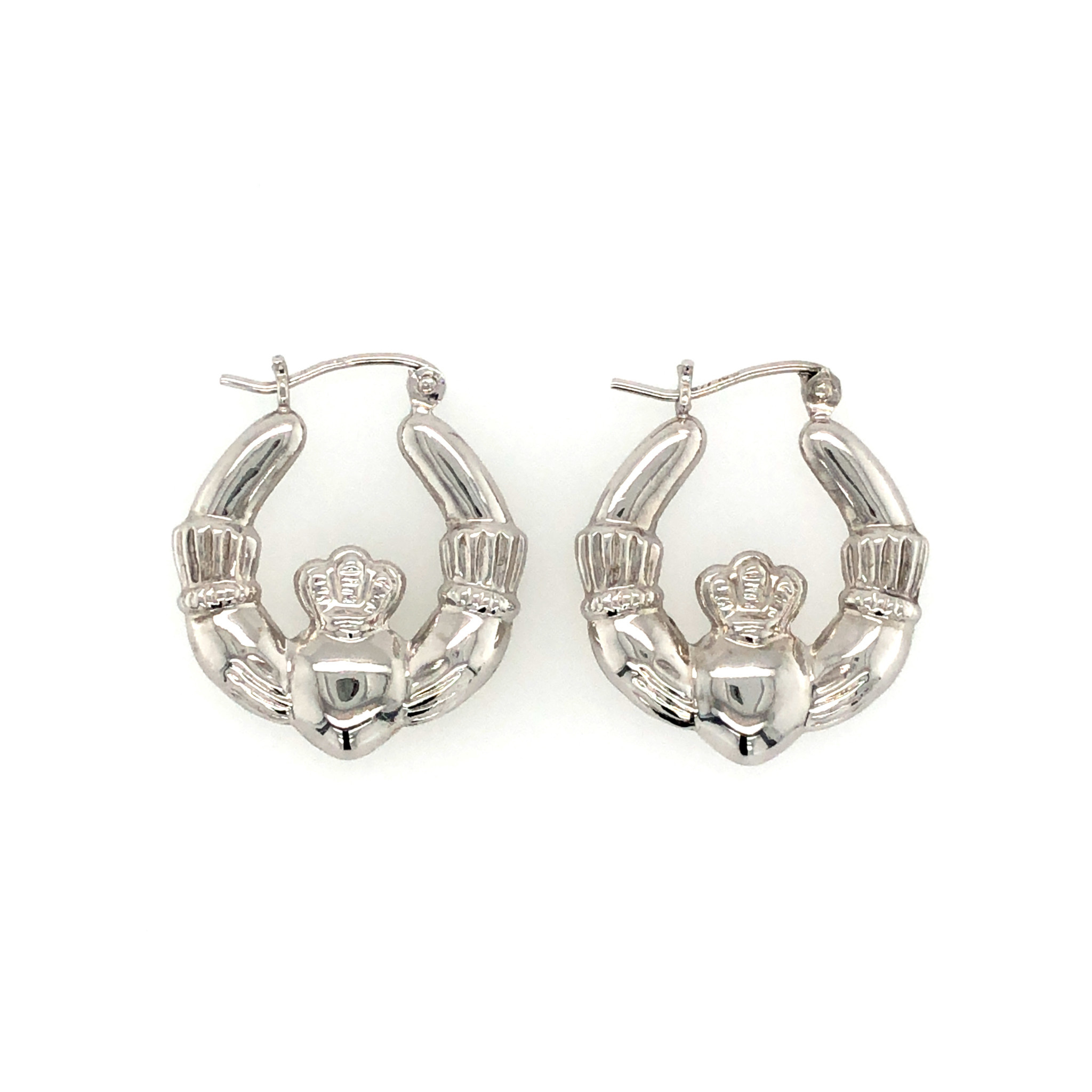 30343 14K WHITE GOLD MEDIUM SIZE CLADDAGH .75'' HOOPS