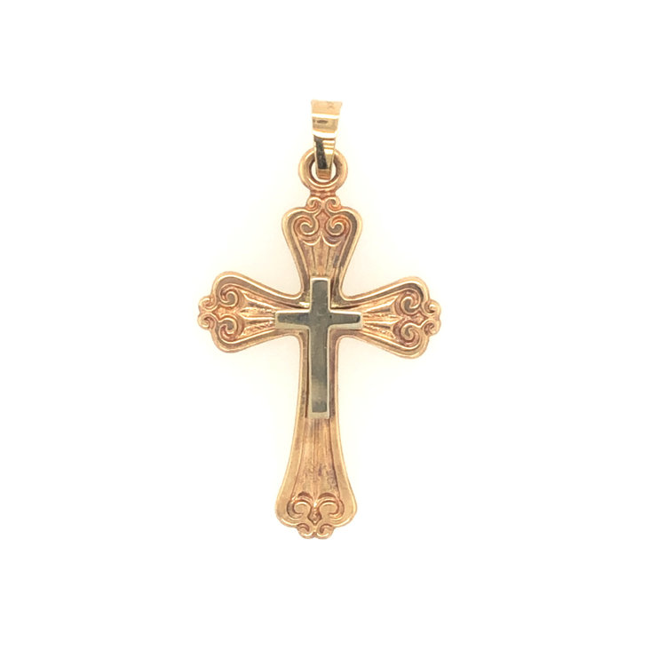 77301 14K 2 TONE GOLD FLORAL DESIGN EDGE HIGH POLISHED PLAIN CROSS CENTER CROSS CHARM