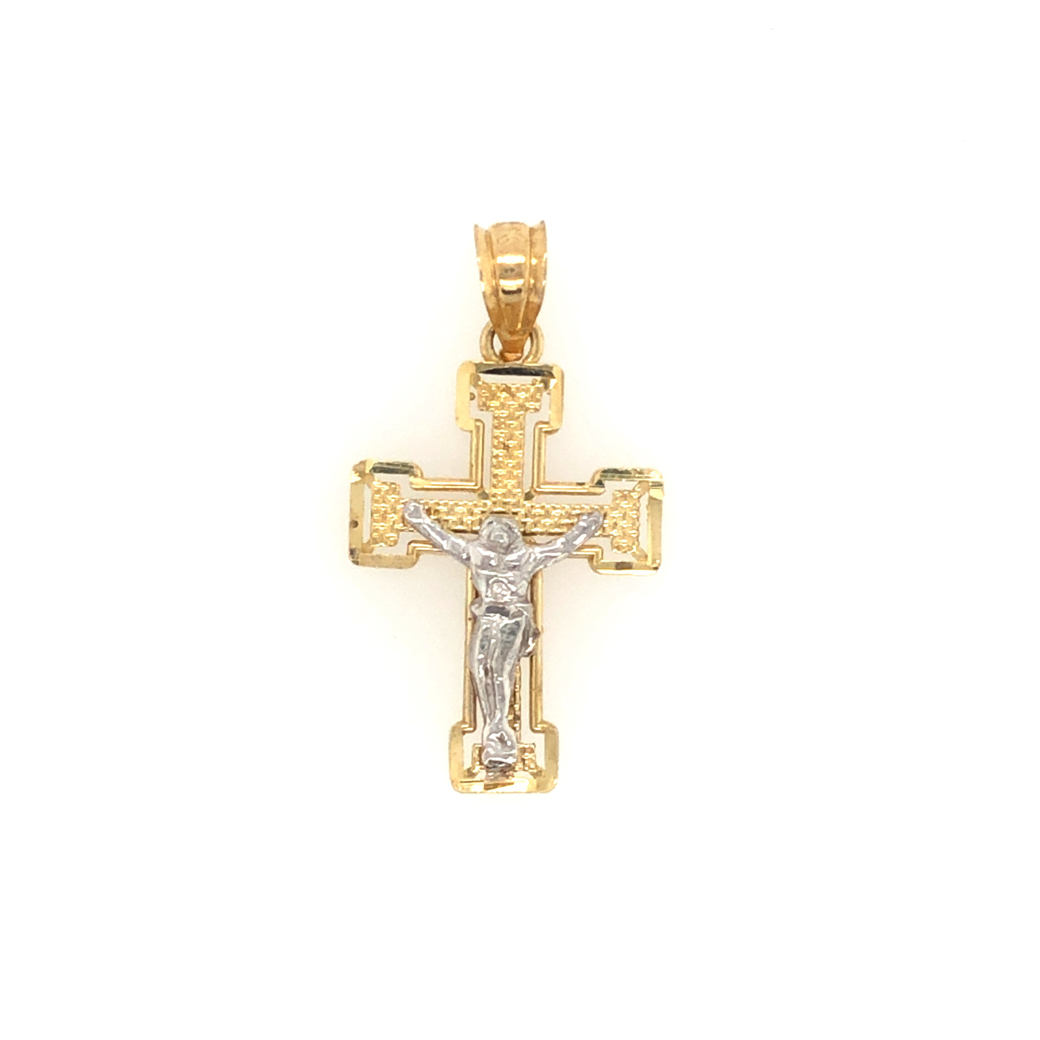 77641 14K 2 TONE GOLD FRAME BOXED DIAMOND CUT CENTER CRUCIFIX