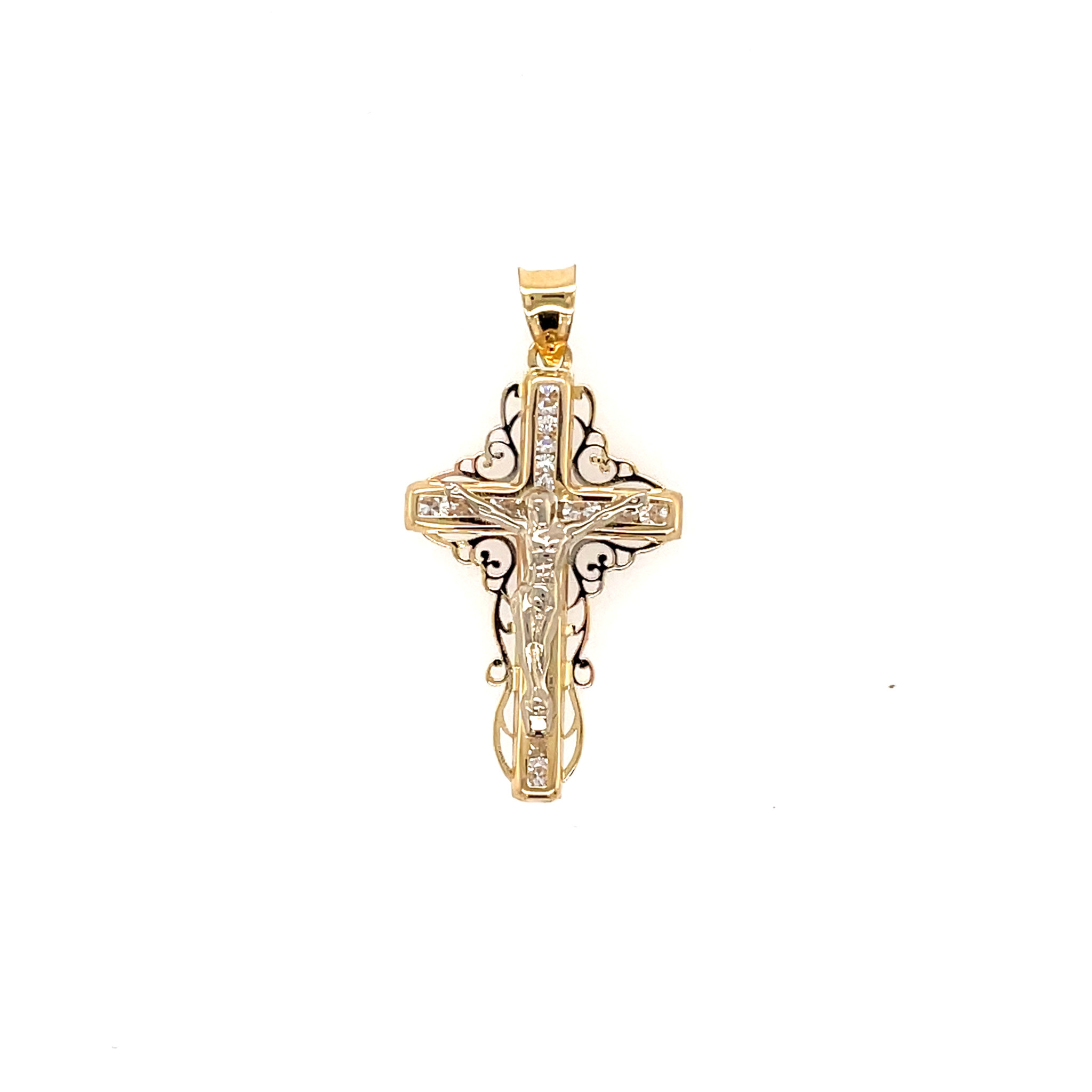 77871 14K 2 TONE CHANNEL SET CUBIC ZIRCONIA CENTER FILIGREE EDGE CRUCIFIX