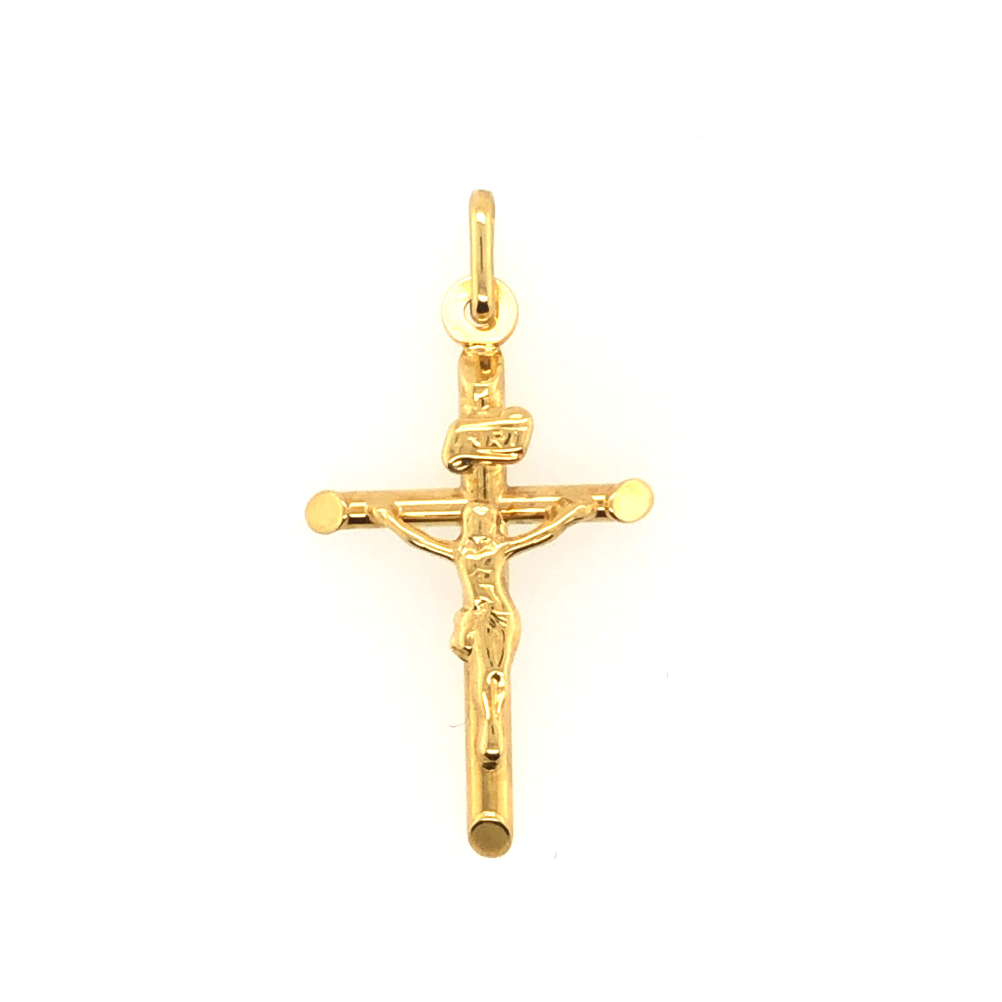 77877 14K YELLOW GOLD 1" TRADITIONAL SLANTED EDGE TUBE CRUCIFIX