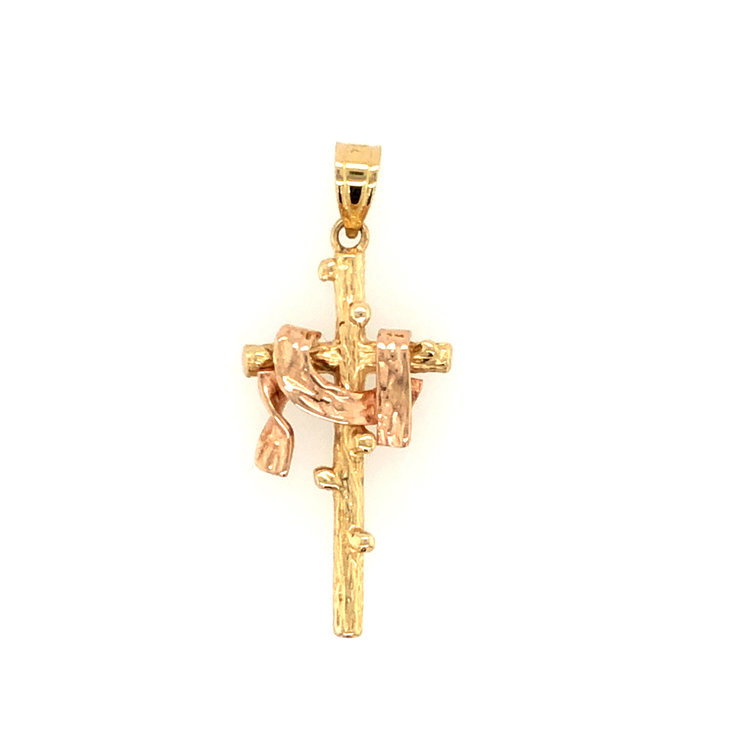 77192 14K YELLOW GOLD TREE LOG DESIGN WITH ROSE GOLD ROBE CROSS