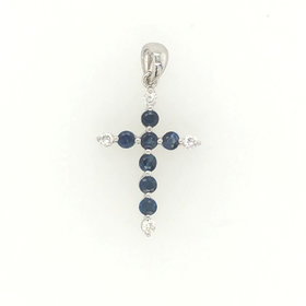 77017 14K WHITE GOLD BLUE SAPPHIRE CENTER AND DIAMOND EDGE CROSS