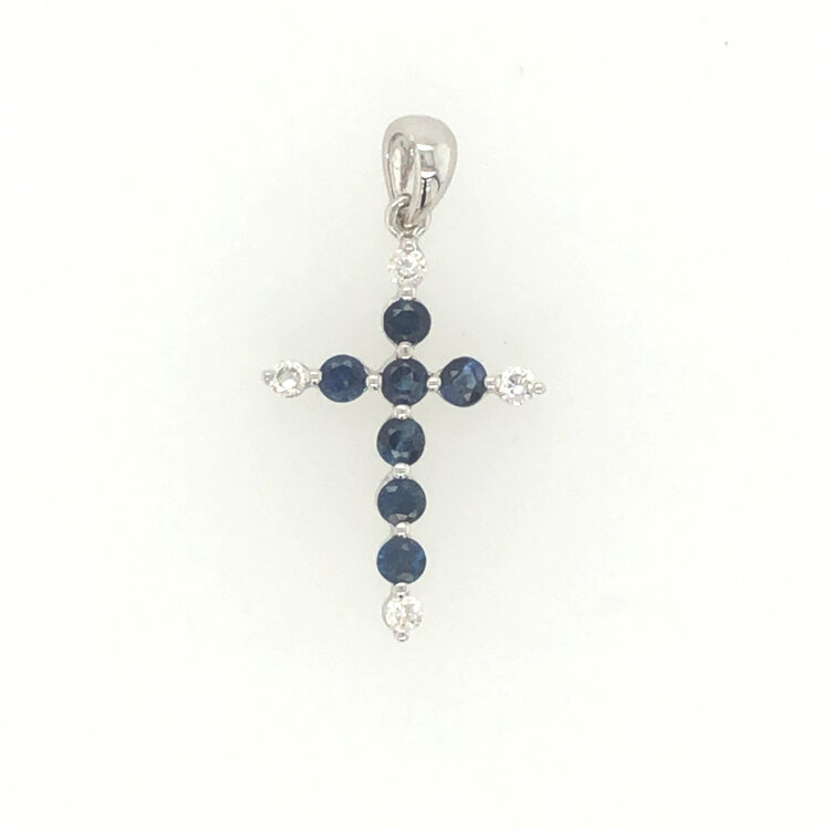 77017 14K WHITE GOLD BLUE SAPPHIRE CENTER AND DIAMOND EDGE CROSS