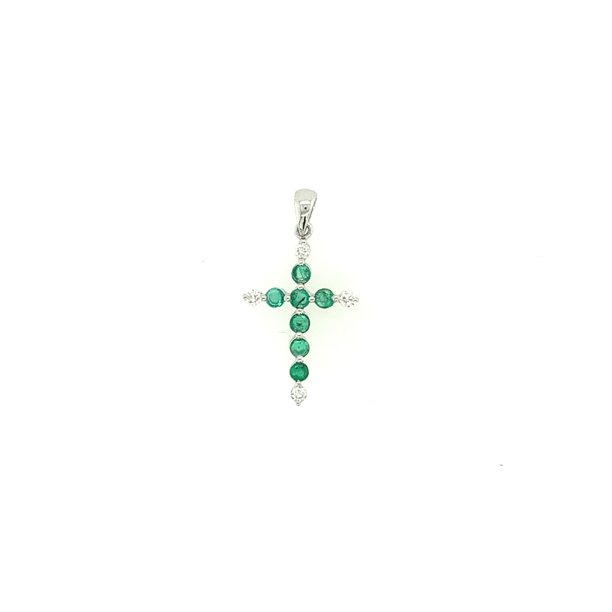 77018 14K WHITE GOLD EMERALD CENTER AND DIAMOND EDGE CROSS