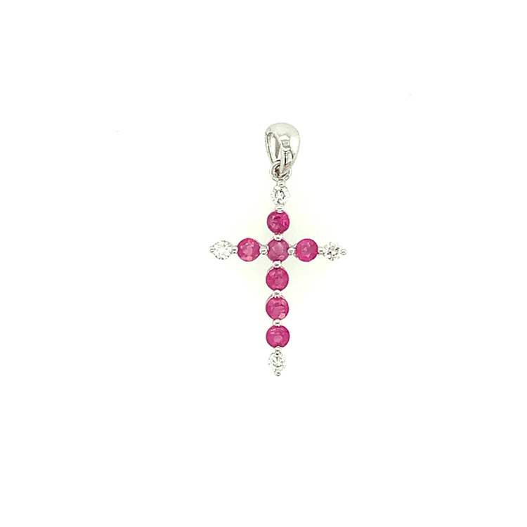 77016 14K WHITE GOLD RUBY CENTER AND DIAMOND EDGE CROSS