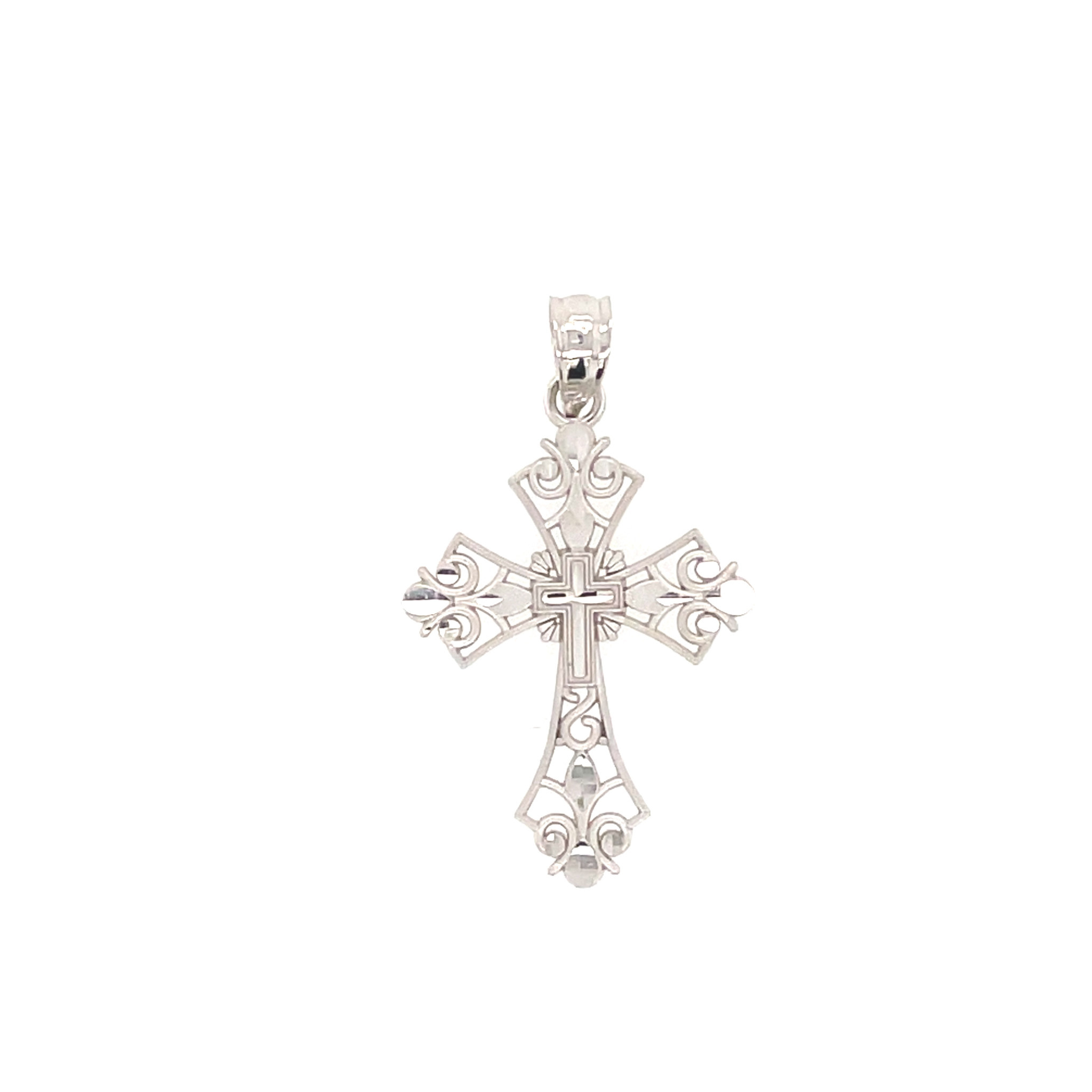 77597 14K WHITE GOLD FILIGREE DIAMOND CUT CUTOUT FLARED CROSS