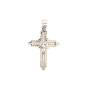 77167 14K WHITE GOLD FLOWER EDGE RIDGED FINISHED CENTER CRUCIFIX