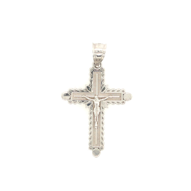 77167 14K WHITE GOLD FLOWER EDGE RIDGED FINISHED CENTER CRUCIFIX