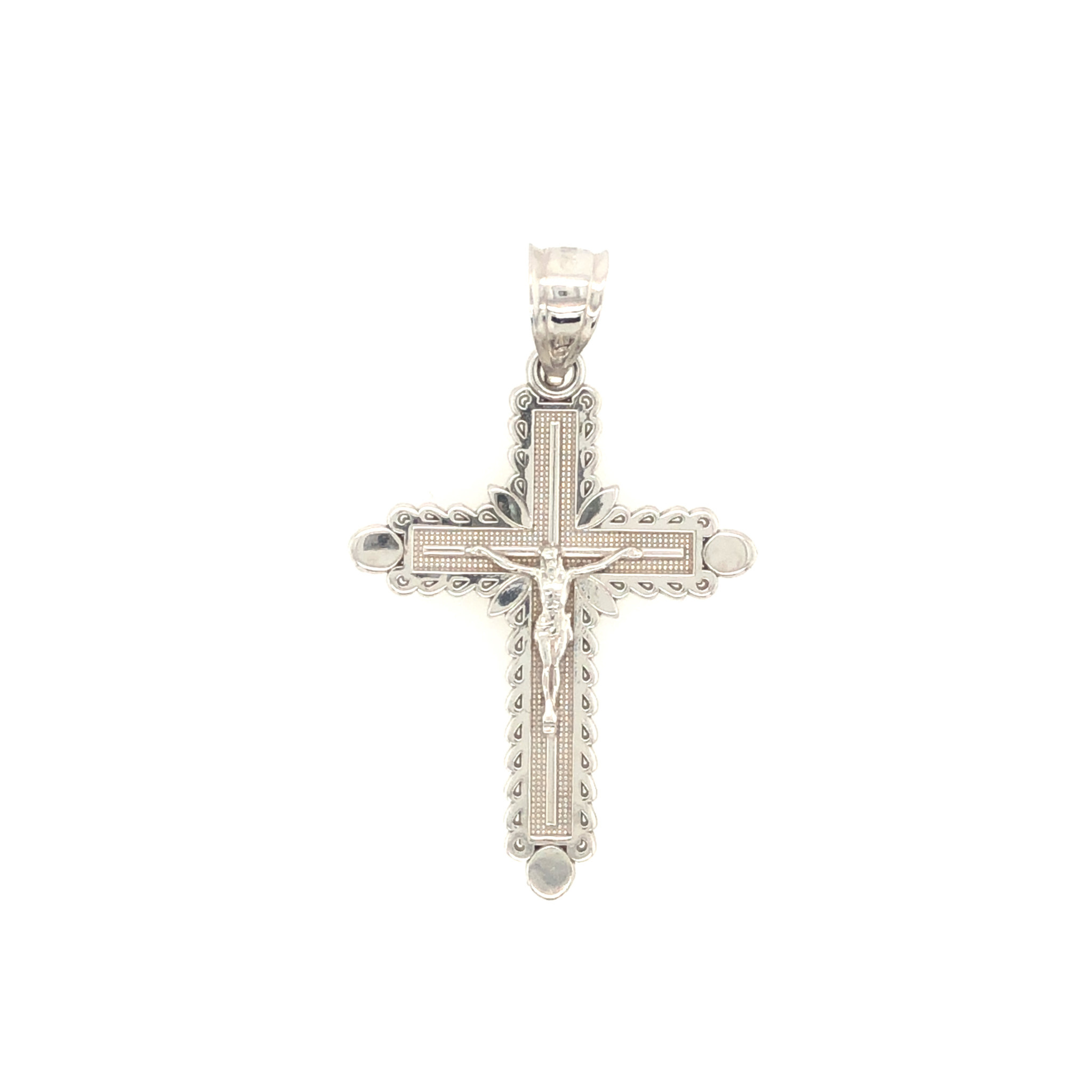 77167 14K WHITE GOLD FLOWER EDGE RIDGED FINISHED CENTER CRUCIFIX
