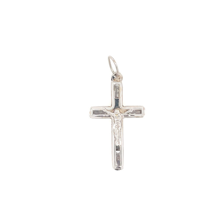 77477 14K WHITE GOLD FLAT EDGED CUBIC ZIRCONIA BAGUETTES CRUCIFIX
