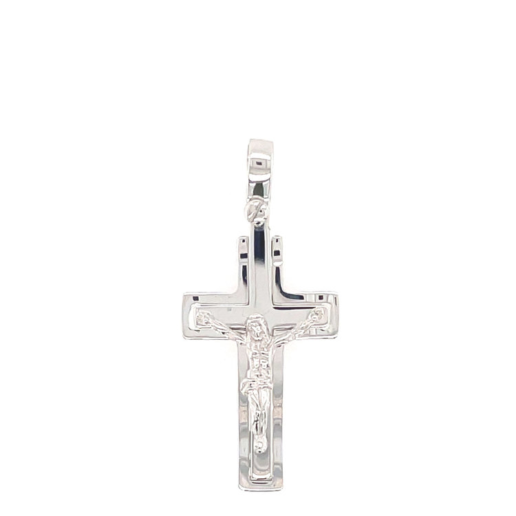 77585 18K WHITE GOLD FLAT EDGE MIRROR SOLID CRUCIFIX