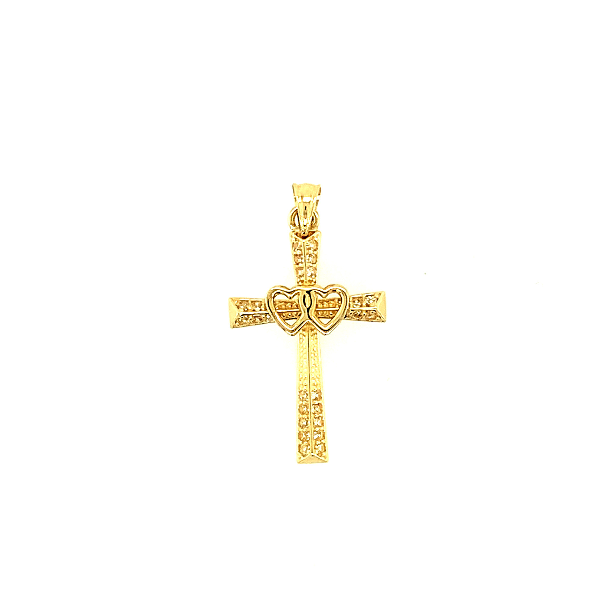77097 14K YELLOW GOLD PAVE CUBIC ZIRCONIA PAVE SET DOUBLE HEART CENTER CROSS