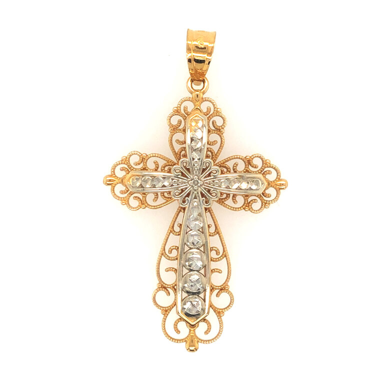 77224 14K TWO TONE GOLD FILAGREE DIAMOND CUT CROSS WITH SINGLE GENIUE DIAMOND CENTER CROSS
