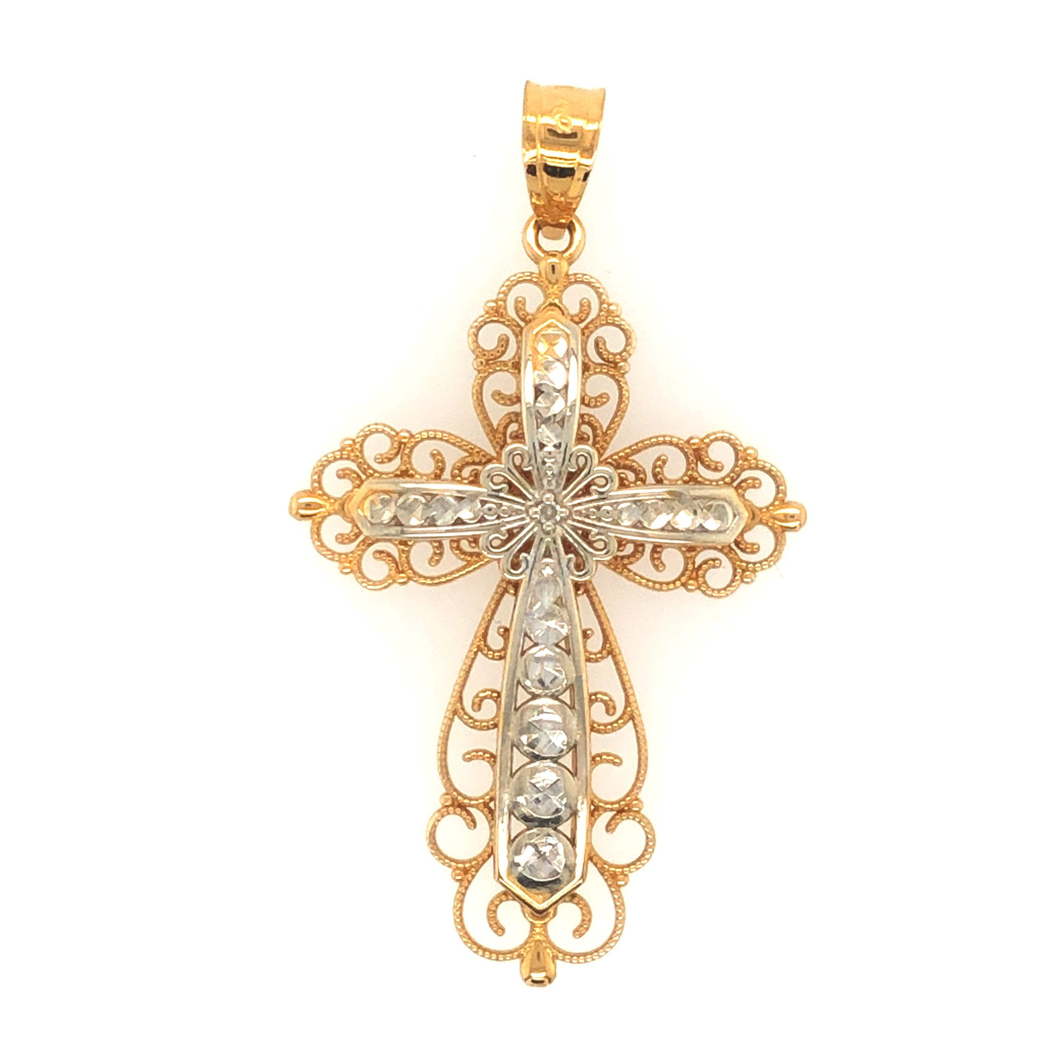 77224 14K 2 TONE GOLD FILAGREE DIAMOND CUT CROSS WITH SINGLE GENIUE DIAMOND CENTER CROSS