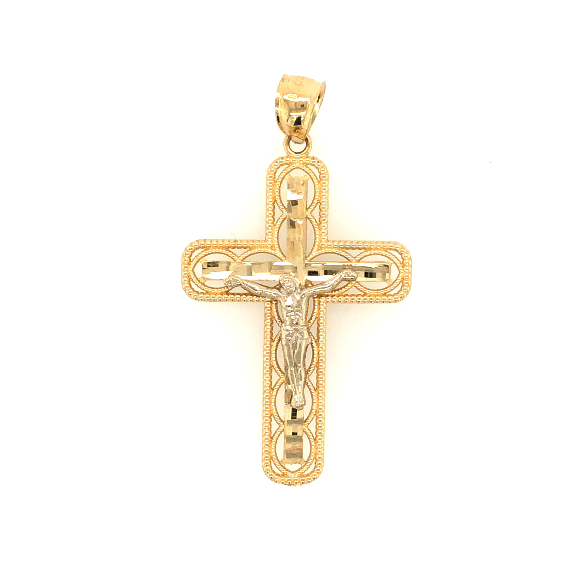 77025 14K YELLOW GOLD DIAMOND CUT MILGRAIN DESIGN CUTOUT CRUCIFIX