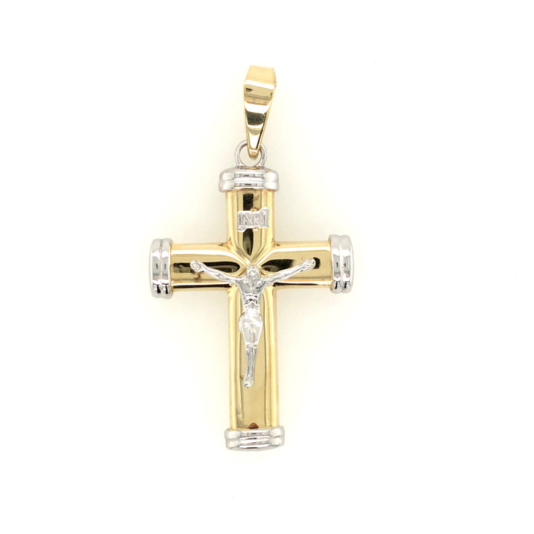 77885 14K TWO TONE HIGH POLISH TUBE OVAL CAP EDGE  CRUCIFIX