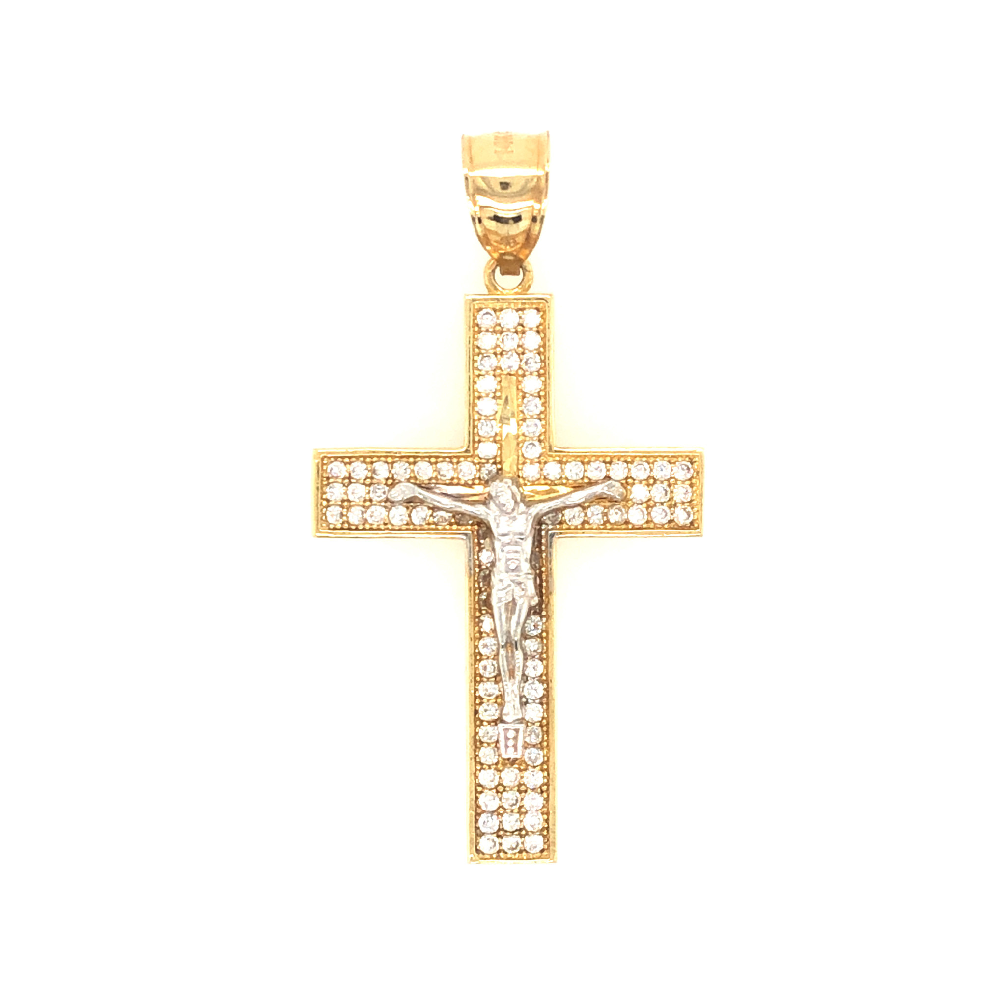 77755 14K 1.5" 2 TONE DIAMOND CUT CENTER CUBIC ZIRCONIA PAVE SET FLAT CRUCIFEX
