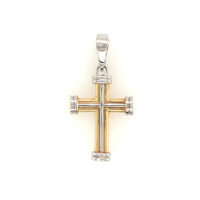 77061 14K TWO TONE DOUBLE ROW TUBE DESIGN OVAL CAP EDGE CROSS
