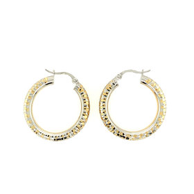 30392 14K 2 TONE 4MM 1" HIGH POLISH AND HAMMERED DESIGN HOOPS