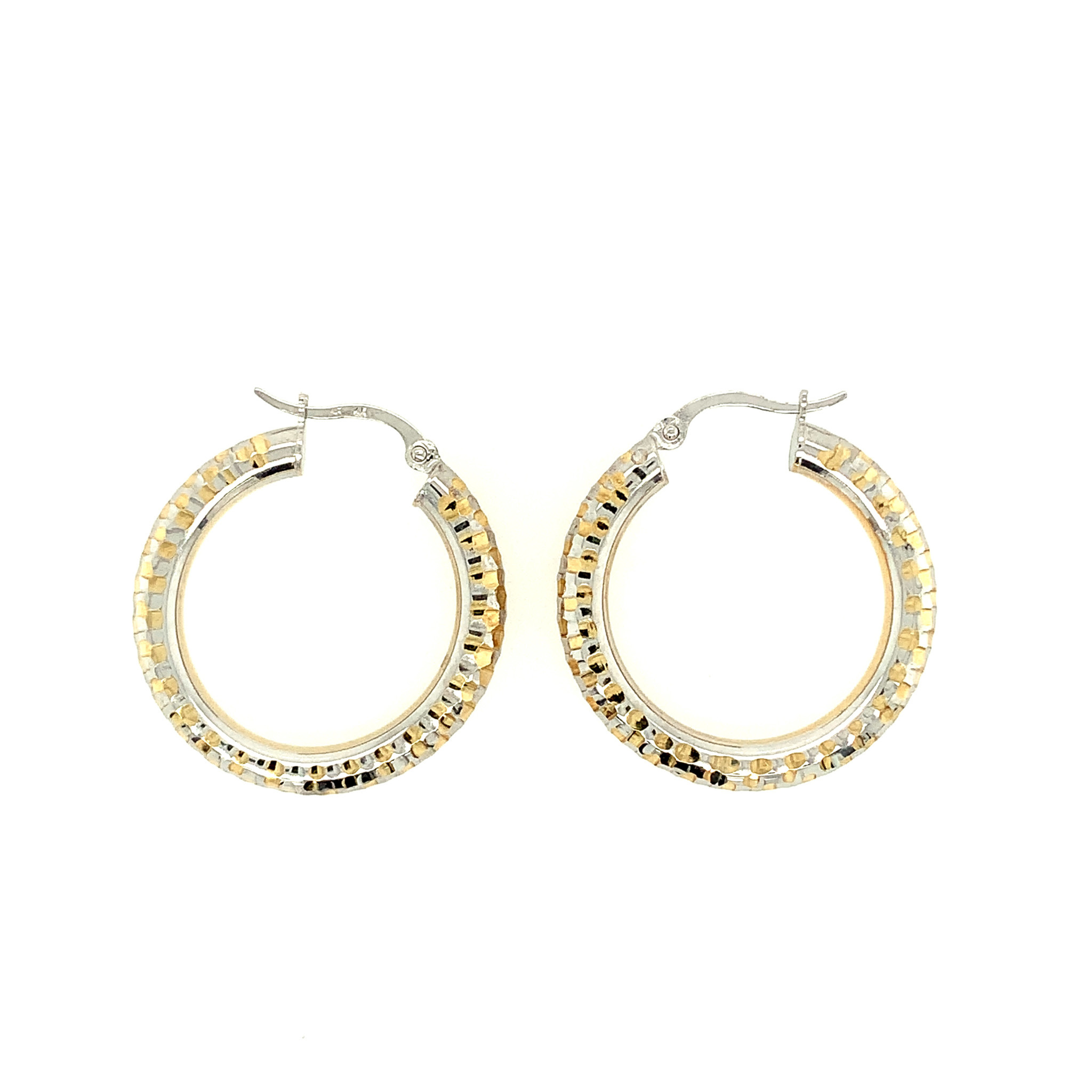 30392 14K 2 TONE 1" HIGH POLISH AND HAMMERED DESIGN HOOPS