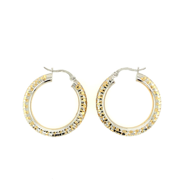 30392 14K 2 TONE 1" HIGH POLISH AND HAMMERED DESIGN HOOPS