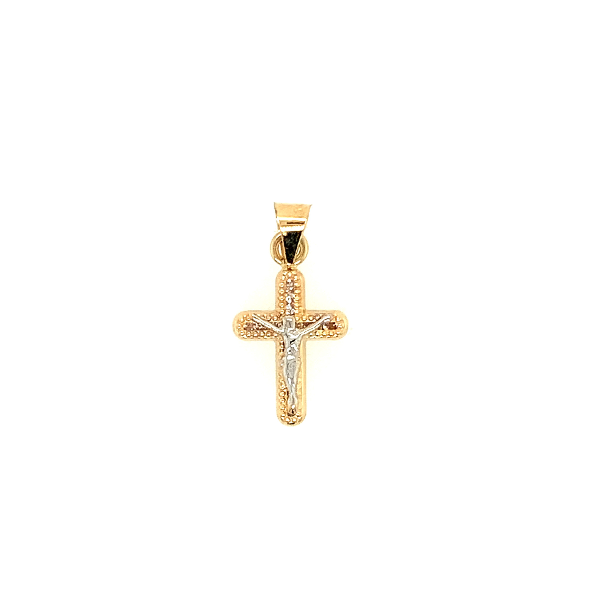 77071 14K 2 TONE MILGRAIN EDGE WITH CUBIC ZIRCONIA CENTER SMALL CRUCIFIX CHARM
