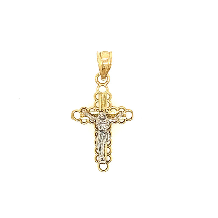 77023 14K TWO TONE CUTOUT FLORAL EDGES CRUCIFIX