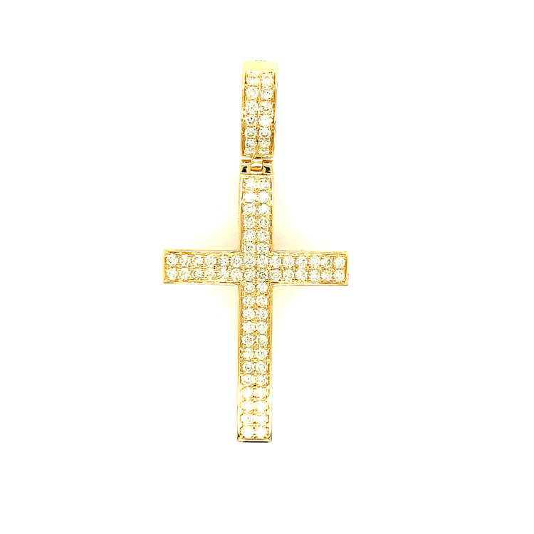 77082 14K YELLOW GOLD 2" 1.61CT DIAMOND PAVE SET DOUBLE ROW BAIL AND CROSS