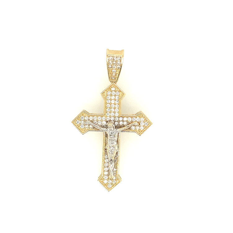 77068 14K 2 TONE PAVE SET CUBIC ZIRCONIA POINTED EDGE CRUCIFIX