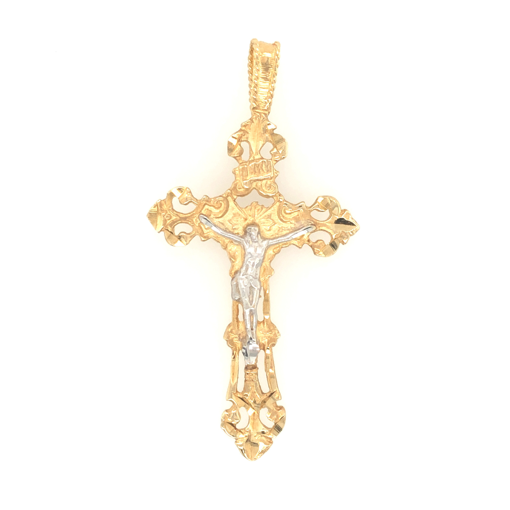 77012 14K 2 TONE FILIGREE CUT OUT CRUCIFIX WITH PIONTY EDGES