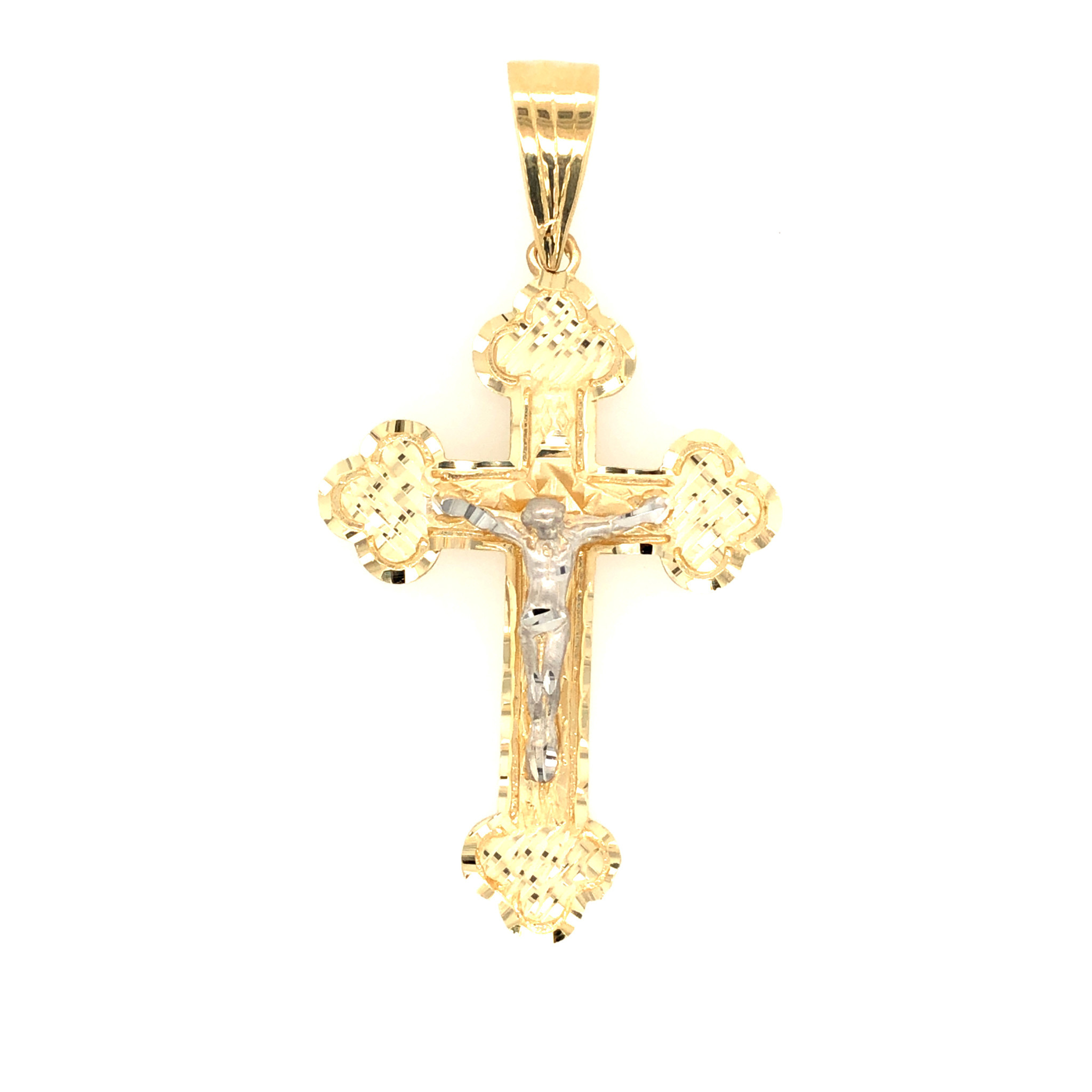 77011 14K 2 TONE DIAMOND CUT CLOVER LEAF EDGE CRUCIFIX 2.3’’