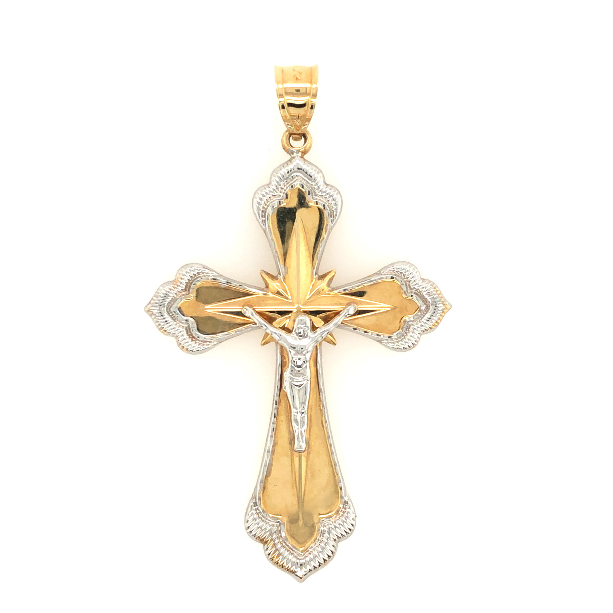 78025 14K 2 TONE STAR CENTER WITHE GOLD DIAMOND CUT EDGES CRUCIFIX 2"
