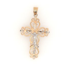77452 14K TWO TONE 2'' FILIGREE CRUCIFIX MATTE WITH DIAMOND CUT-CENTER HIGHLIGHTS