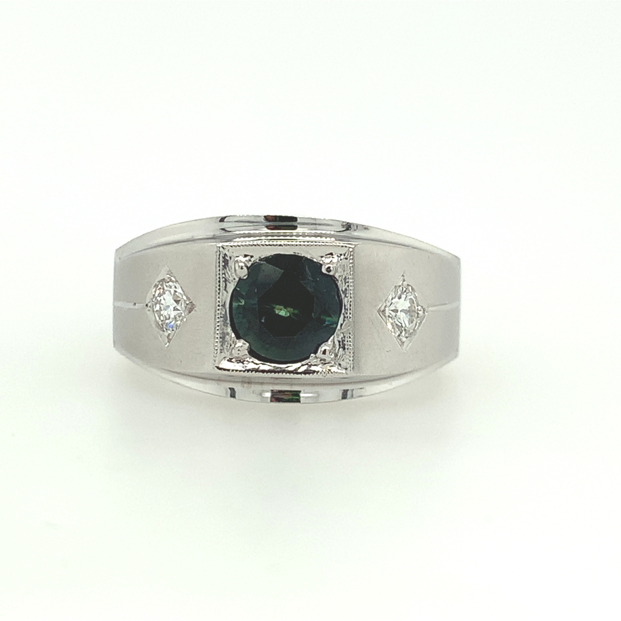 45027 14K WHITE GOLD 1.55TC SAPPHIRE CENTER .34TCW DIAMOND SATIN AND HIGH POLISH FINISHING MENS RING
