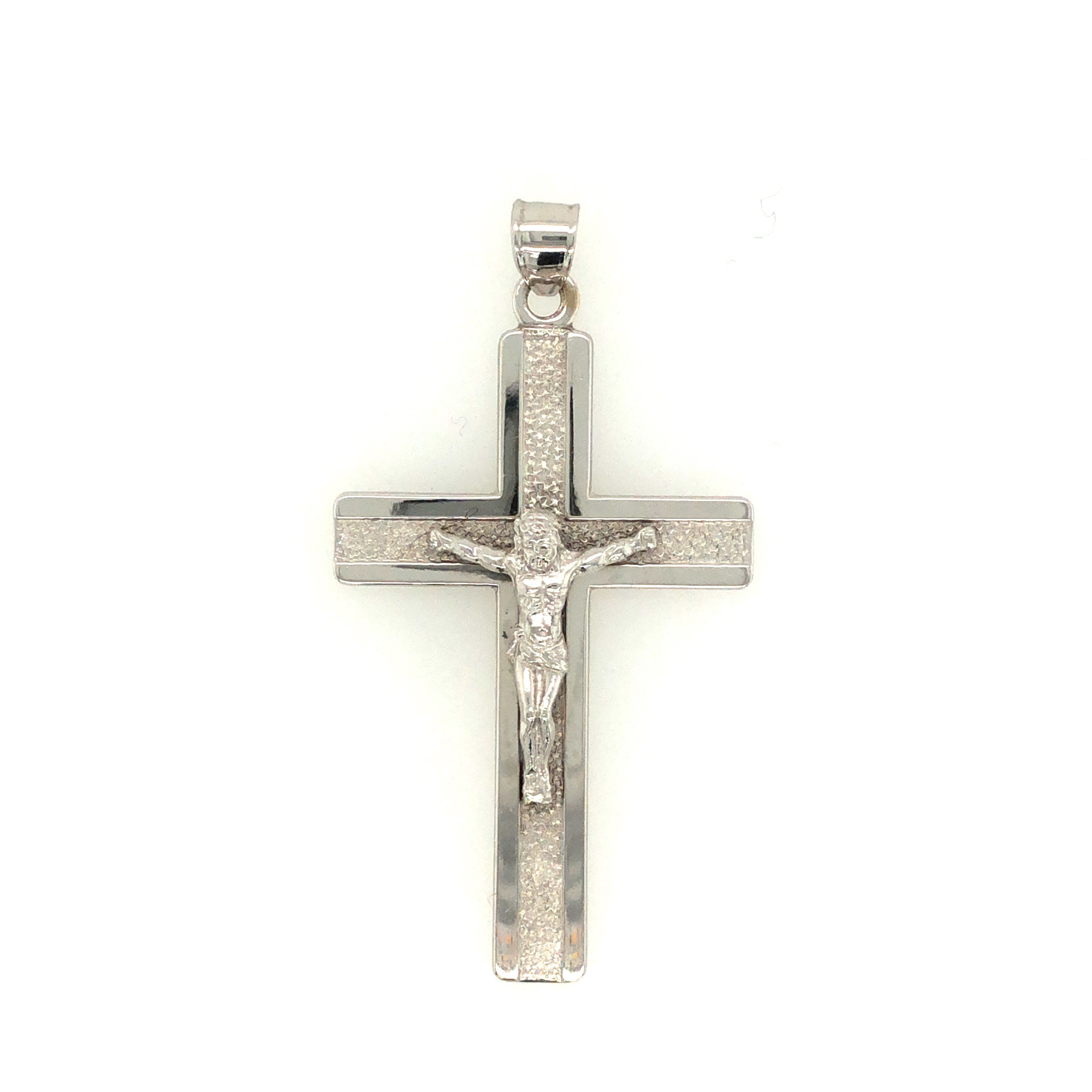 77033 14K WHITE GOLD 2'' FLAT MATT CENTERED HIGH POLISHED OUTTER LINE CRUCIFIX