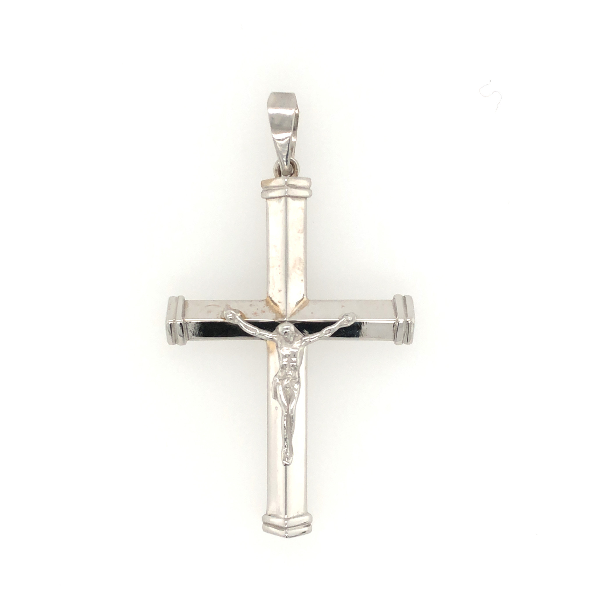 77014 14K WHITE GOLD 2'' POLISHED POINTY EDGE SQUARED CAPS CRUCIFIX